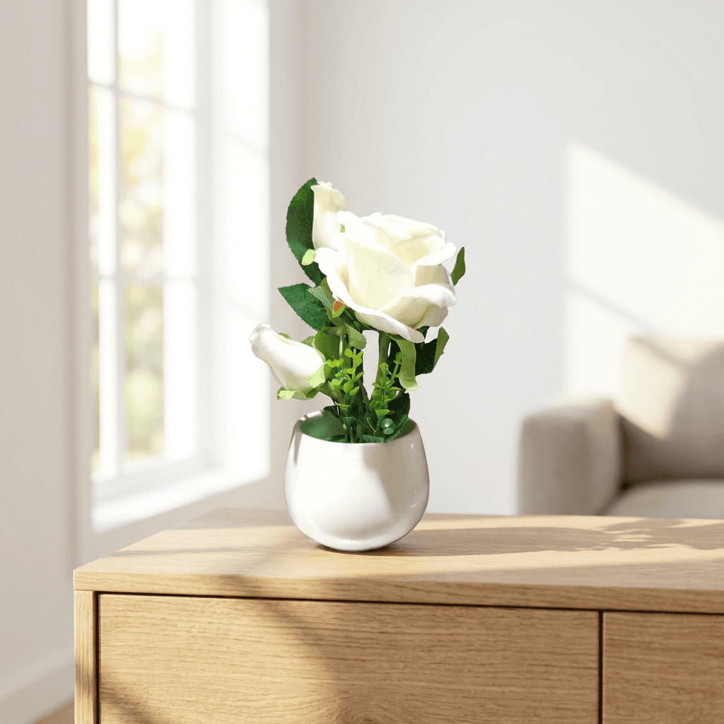 Rosa bianca decorativa con vaso in ceramica